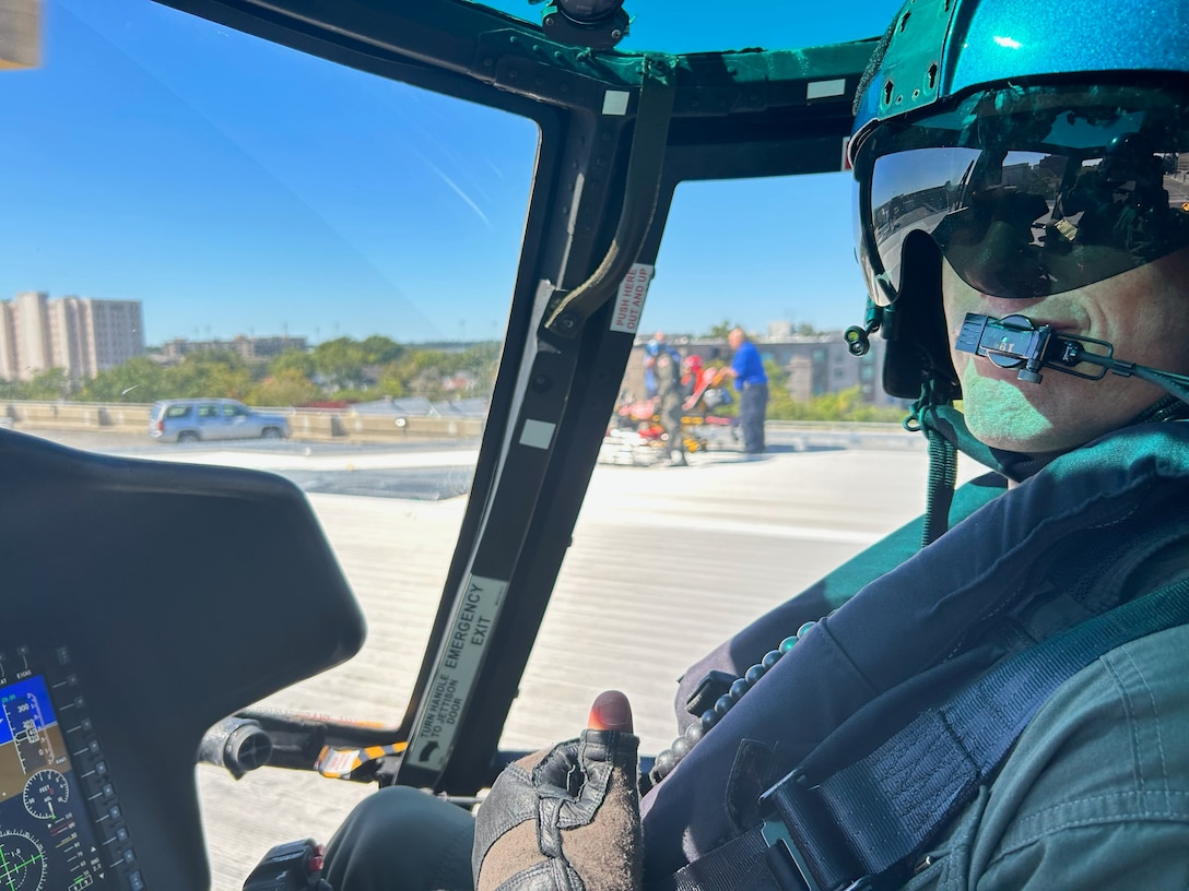 A Coast Guard Air Station Savannah helicopter crew medevacs a 43-year-old crew member from the Thomas Jefferson, a 208-foot survey vessel, 51 miles offshore Charleston, South Carolina, Oct. 8, 2023.