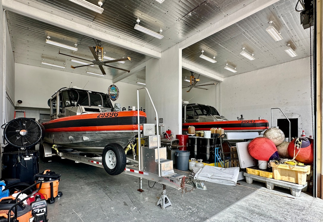 U.S. Coast Guard Station Apra Harbor 29-foot Response Boat-Smalls are trailered and stored in the garage at the unit on Oct. 9, 2023. Tropical Storm Bolaven strengthened after passing through the Federated States of Micronesia and is forecast to intensify through Tuesday afternoon, possibly becoming a typhoon. (U.S. Coast Guard photo by Chief Warrant Officer Sara Muir)