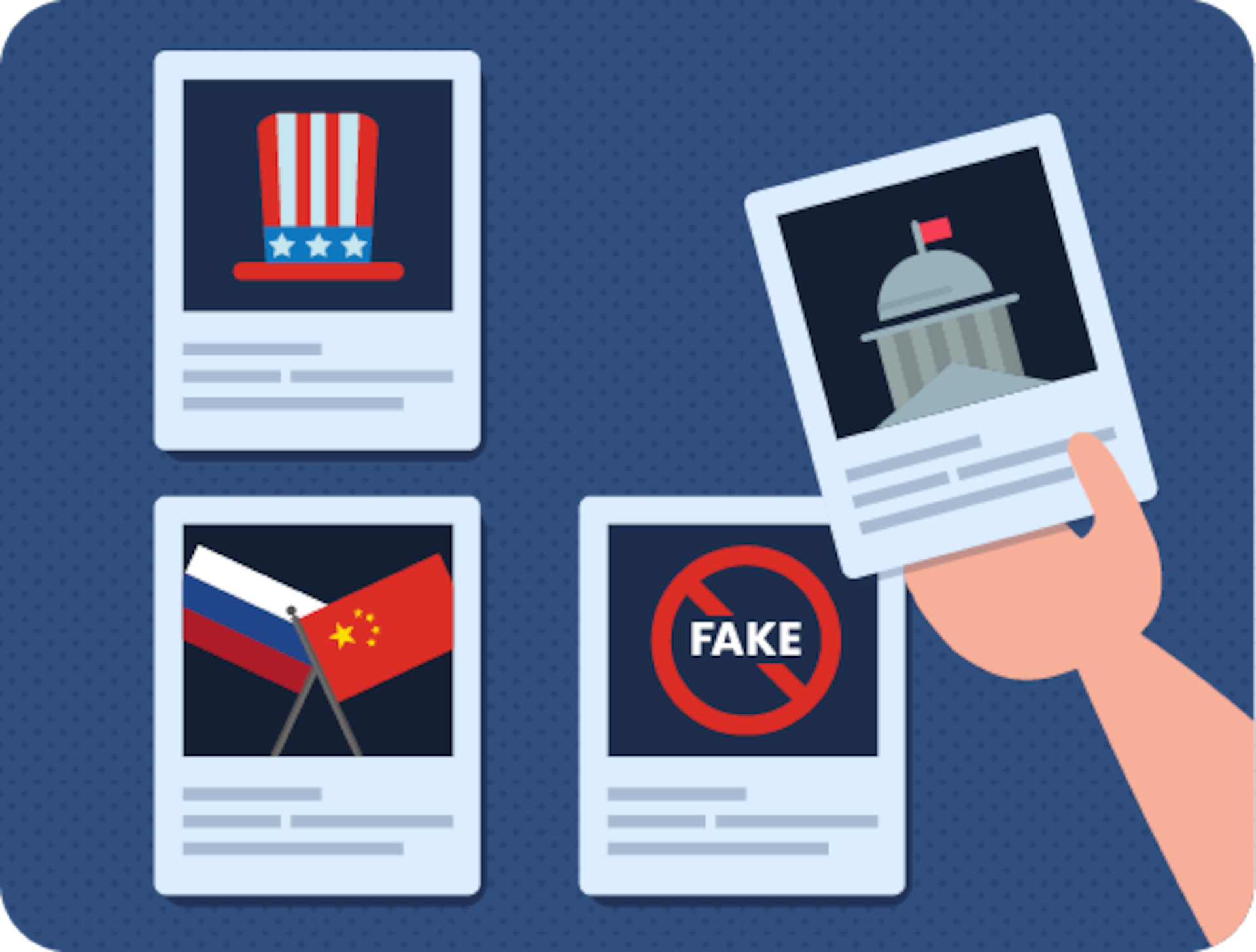 Illustration representing four social media posts with political and fake news imagery and a hand lifting one of the posts for closer inspection.