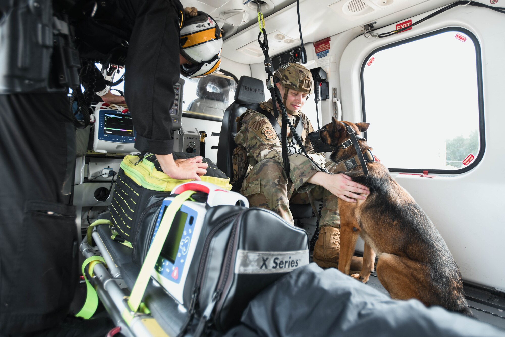 Man pets his dog in a helicopter.