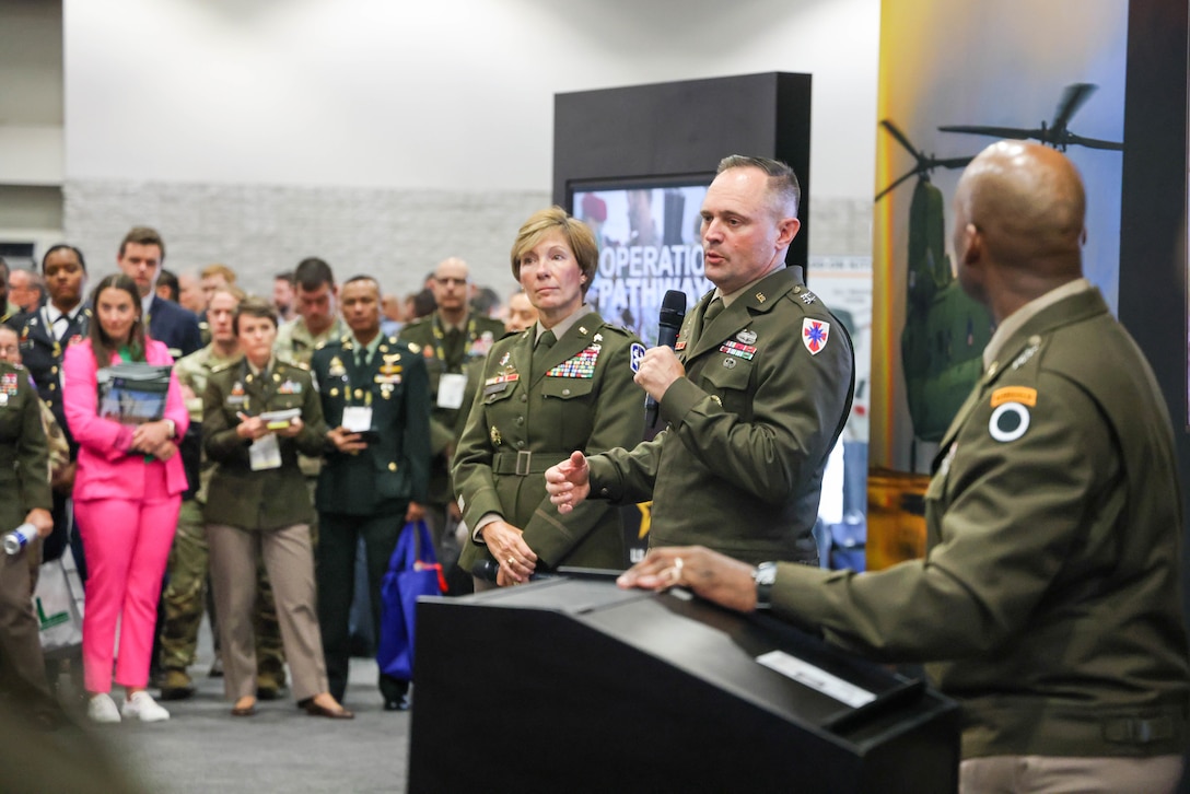 U.S. Army Maj. Gen. Jered Helwig, commander of the 8th Theater Sustainment Command, speaks on Operation Pathways during a Warrior's Corner at the Association of the United States Army convention on Oct. 9, 2023, held at the Walter E. Washington Convention Center, Washington D.C.