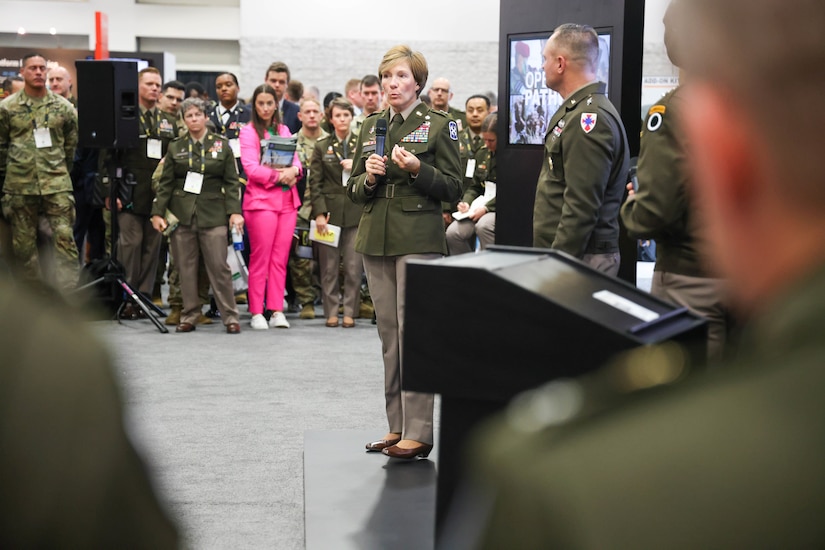 U.S. Army Maj. Gen. Paula Lodi, commander of the 18th Theater Medical Command, speaks on Operation Pathways during a Warrior's Corner at the Association of the United States Army convention Oct. 9, 2023, held at the Walter E. Washington Convention Center, Washington D.C.