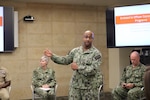 Hospital Corpsman 1st Class Trayvious Wilson, the Leading Petty Officer for the Naval Hospital Camp Pendleton Pharmacy and a member of Expeditionary Medical Facility 150 Alpha, leads a presentation on commissioning programs available to enlisted Sailors during a Sailor 360 event at the hospital on September 8, 2023. A few weeks after this presentation, Wilson was informed he had been selected for commissioning into the Navy’s Medical Service Corps.