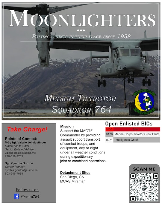 Poster created to help recruitment efforts within Marine Medium Tiltrotor Squadron 764, Mar. 9, 2022. The main mission for VMM-764 is to support the Commander by providing assault support transport of combat troops, and equipment, day or night under all weather conditions during expeditionary, joint of combined operations. The unit has enlisted structure available for transitioning active duty Marines into the Reserve.