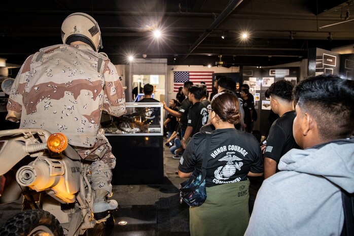 Students with Orange High School Marine Corps Junior Reserve Officers' Training Corps visit the Command Museum at Marine Corps Recruit Depot San Diego, Oct. 6, 2023. Guided by Marine Corps customs and traditions, Orange High School’s MCJROTC visited MCRD San Diego, showcasing empowerment, critical thinking, and effective communication through activities like observing a Marine Corps Boot Camp graduation, touring the MCRDSD Museum, and participating in a drill instructor question and answers session. (U.S. Marine Corps photo by Sgt. Yvonna Guyette)