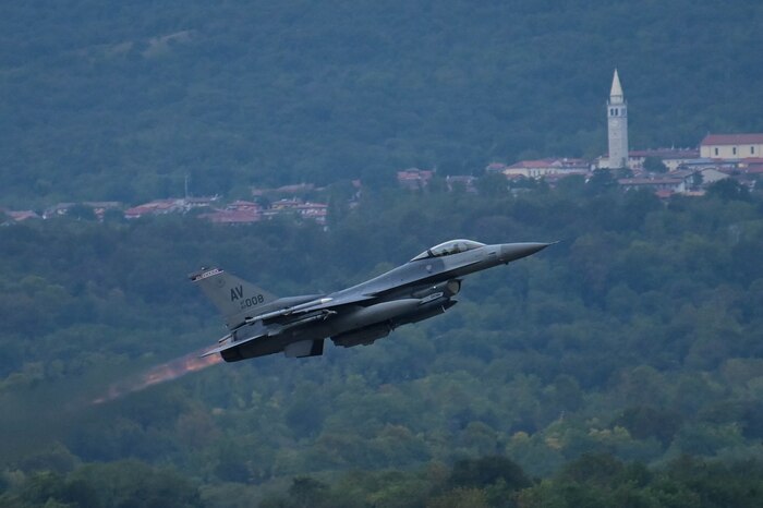 A U.S. Air Force F-16 Fighting Falcon assigned to the 510th Fighter Squadron takes off during Exercise Purple Reign.