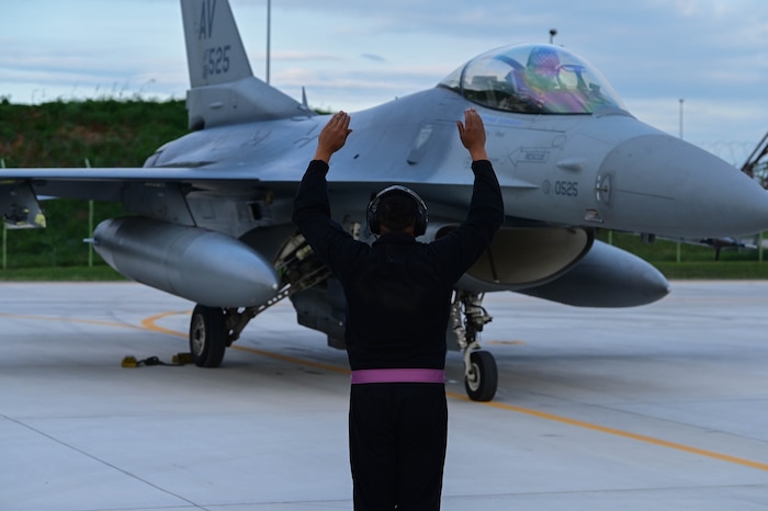 U.S. Air Force Staff Sgt. Manuel Sandoval, 510th Fighter Generation Squadron F-16 dedicated crew chief, marshals an F-16 Fighting Falcon during Exercise Purple Reign.