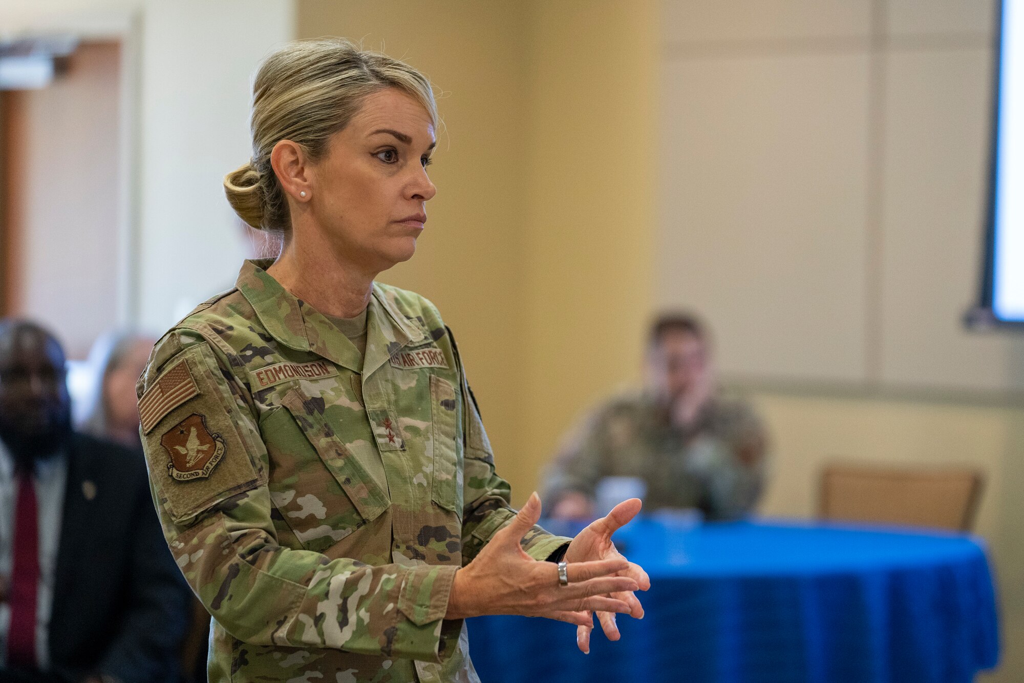 U.S. Air Force Maj. Gen. Michele Edmondson, Second Air Force commander, discusses plans for technical training transformation at the Bazaar of Falcons at Keesler Air Force Base, Mississippi, Sept. 6, 2023.
