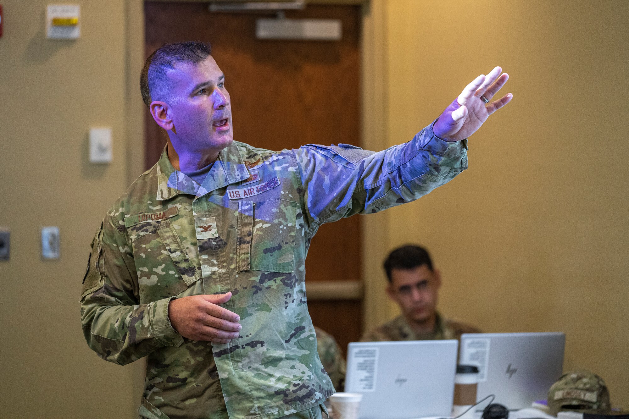 U.S. Air Force Col. Nicholas Dipoma, Second Air Force deputy commander, expounds on the 19th Air Force's experience with Pilot Training Transformation at Keesler Air Force Base, Mississippi, Sept. 6, 2023.
