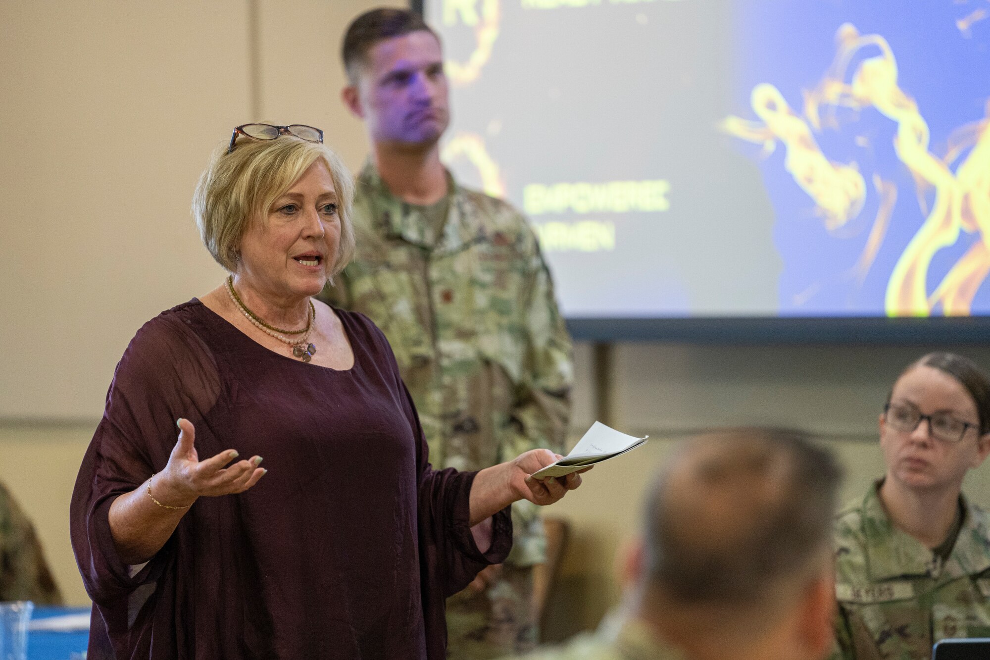 Dr. Lynn Soots, 81st Training Group training administrator, explains how the 81st TRG is changing classrooms to fit the learning styles of different students at Keesler Air Force Base, Mississippi, Sept. 8, 2023.