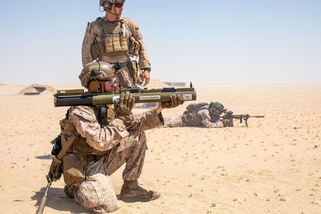Marines kneel or lay in a desert-like area while firing weapons as a fellow Marine stands watch.