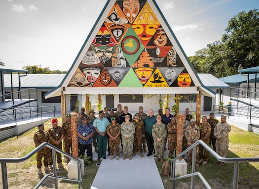 Pacific Partnership 2023 and Papua New Guinea Defense Force leadership pose for a photo at Kumul Leadership Center during Pacific Partnership 2023, Oct. 9.