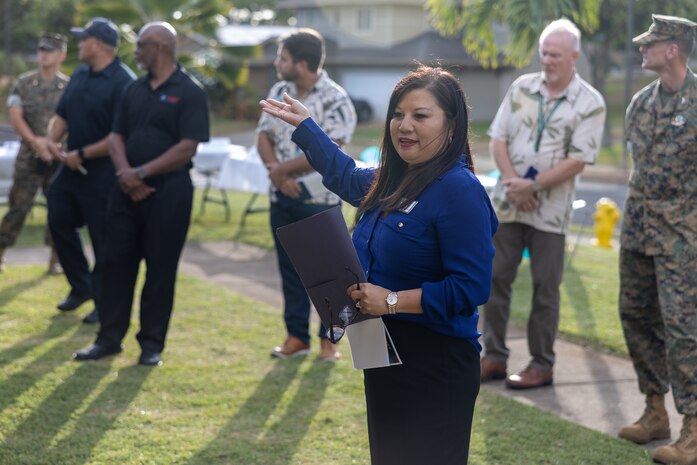 Faye Tukes, Marine Corps Base Hawaii Housing Director, speaks with Manana community residents during a Manana Town Hall, Pearl City, HI, Sept. 26, 2023. The meeting was held to allow base leadership and housing personnel to engage with residents and address community concerns. (U.S. Marine Corps photo by Cpl. Brandon Aultman)