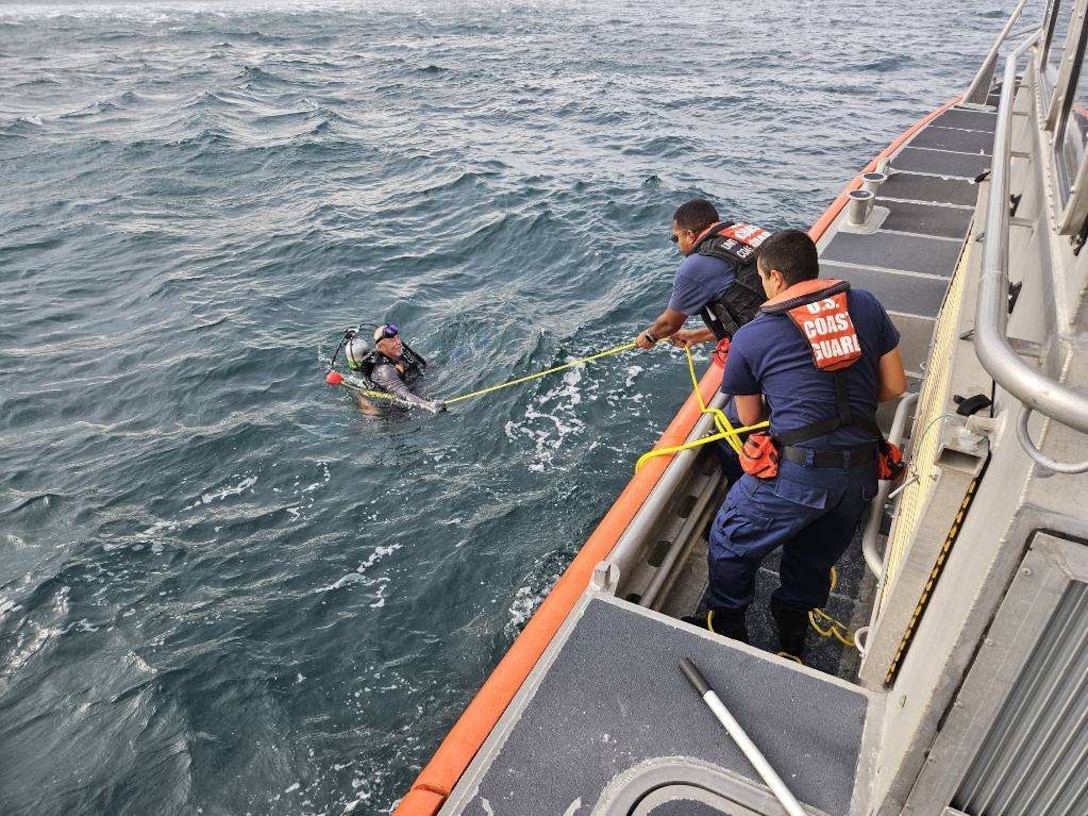 A Coast Guard Station Station Sand Key boat crew rescued a diver after he was reported missing while spearfishing from a 32-foot recreational boat 16 miles northwest of Anclote Key, Florida, Oct. 10, 2023. Coast Guard Sector St. Petersburg watchstanders were notified that two divers entered the water to spearfish and only one resurfaced. (U.S. Coast Guard video.)