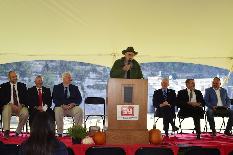 R. Gerald Lee talks about his experiences after becoming the first-ever park ranger at Cordell Hull Lake in August 1971. At the time, the lake had not been impounded. During the Cordell Hull Dam 50th Anniversary Celebration Oct. 7, 2023, he shared his memories about seeing Tricia Nixon arrive and not getting to see Dolly Parton when he worked traffic duty for the dedication. (USACE Photo by Lee Roberts)