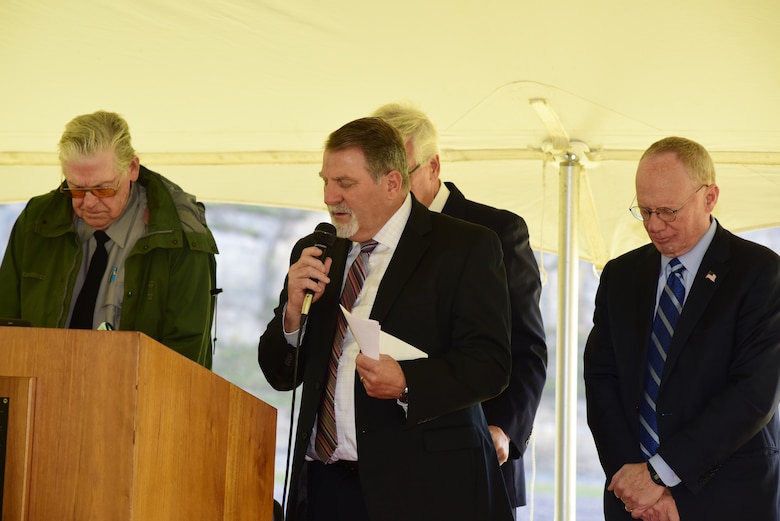 Jackson County Mayor Randy Heady give the invocation to open the Cordell Hull Dam 50th Anniversary Celebration Oct. 7, 2023, on the shoreline below the dam in Elmwood, Tennessee. (USACE Photo by Lee Roberts)