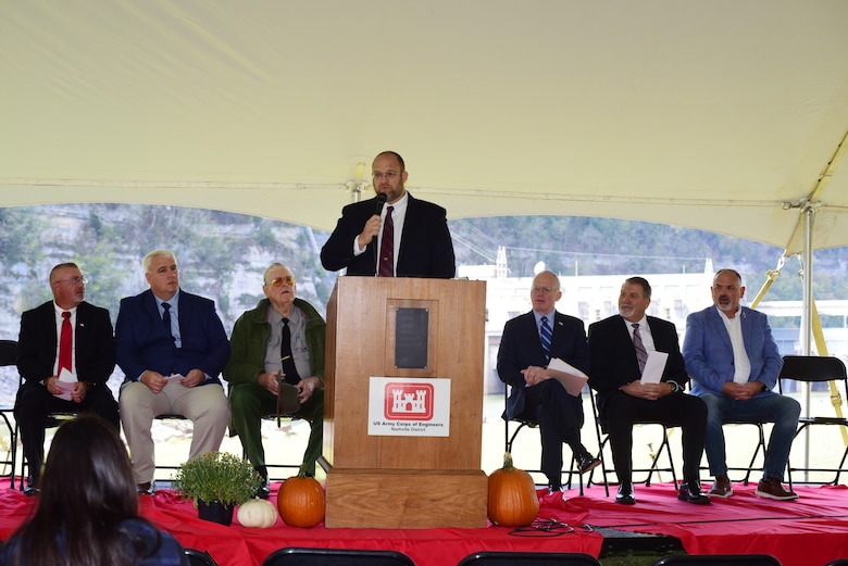 Terrell Stoves, U.S. Army Corps of Engineers Nashville District’s Mid Cumberland Area manager, speaks about the history of the Corps of Engineers and missions of the Nashville District during the Cordell Hull Dam 50th Anniversary Celebration Oct. 7, 2023, on the shoreline below the dam in Elmwood, Tennessee. (USACE Photo by Lee Roberts)