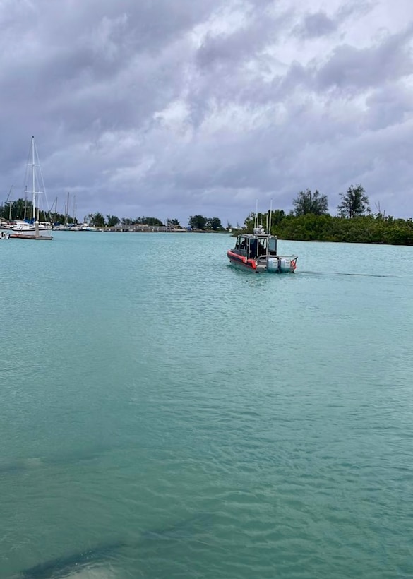 A U.S. Coast Guard 29-foot Response Boat-Small crew from Station Apra Harbor sets out from Sumay Cove to assess Apra Harbor, Guam, on Oct. 11, 2023, following Typhoon Bolaven. The U.S. Coast Guard and partners conducted post-storm assessments after the passing of the Category 2 typhoon in advance of reopening the commercial ports. (U.S. Coast Guard photo by Senior Chief Petty Officer Jeremy Jarvis)