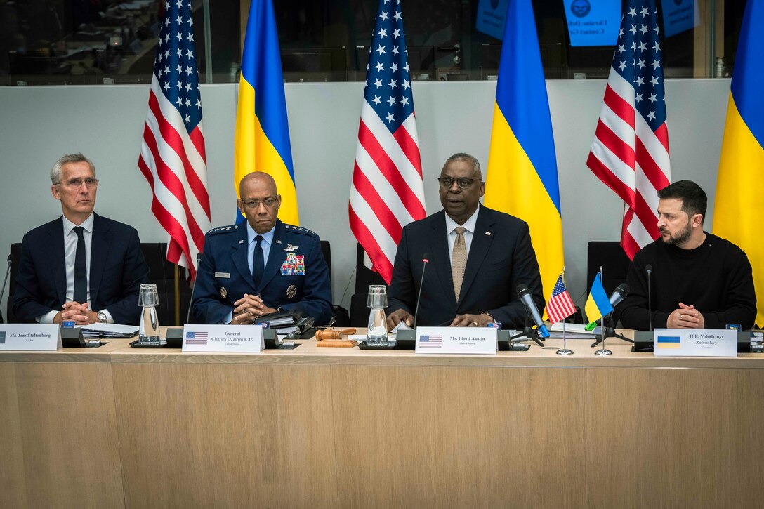 NATO Secretary General Jens Stoltenberg, Chairman of Joint Chiefs of Staff Air Force Gen. CQ Brown, Jr., Secretary of Defense Lloyd J. Austin III and Ukrainian President Volodymyr Zelenskyy