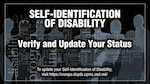 Silhouettes of people are overlaid with text saying "Self-identification of disability: Verify and update your status"