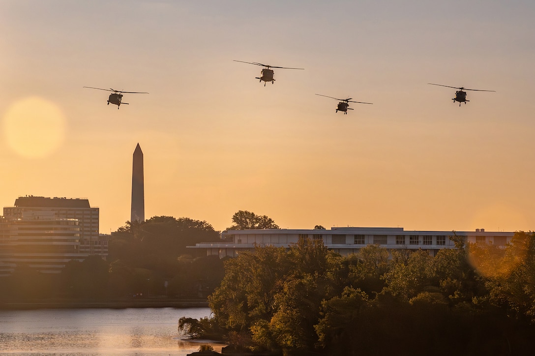 Army helicopters fly over Washington, illuminated by a low sun.