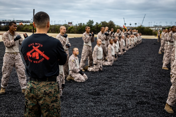 U.S. Marine Corps Sgt. Ivan Altamirano, a drill instructor with Support Training Battalion, Marine Corps Recruit Depot San Diego, observes the execution of Marine Corps Martial Arts Program techniques, Oct. 10, 2023. MCMAP aims to strengthen the mental and moral resiliency of individual Marines through realistic combative training, warrior ethos studies, and physical hardening. (U.S. Marine Corps photo by Sgt. Jesse K. Carter-Powell)
