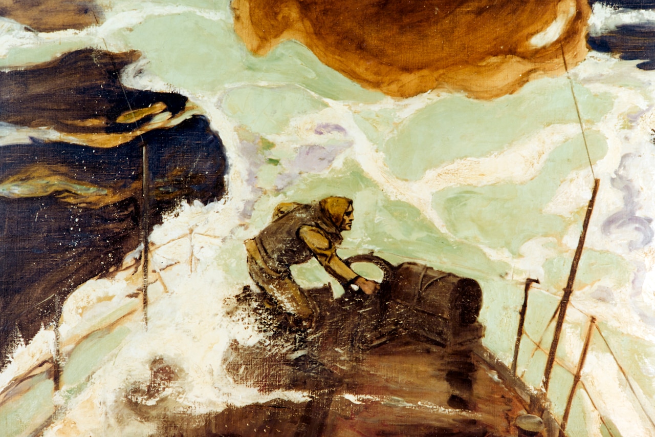 A painting depicts a person throwing items off the back of a ship.