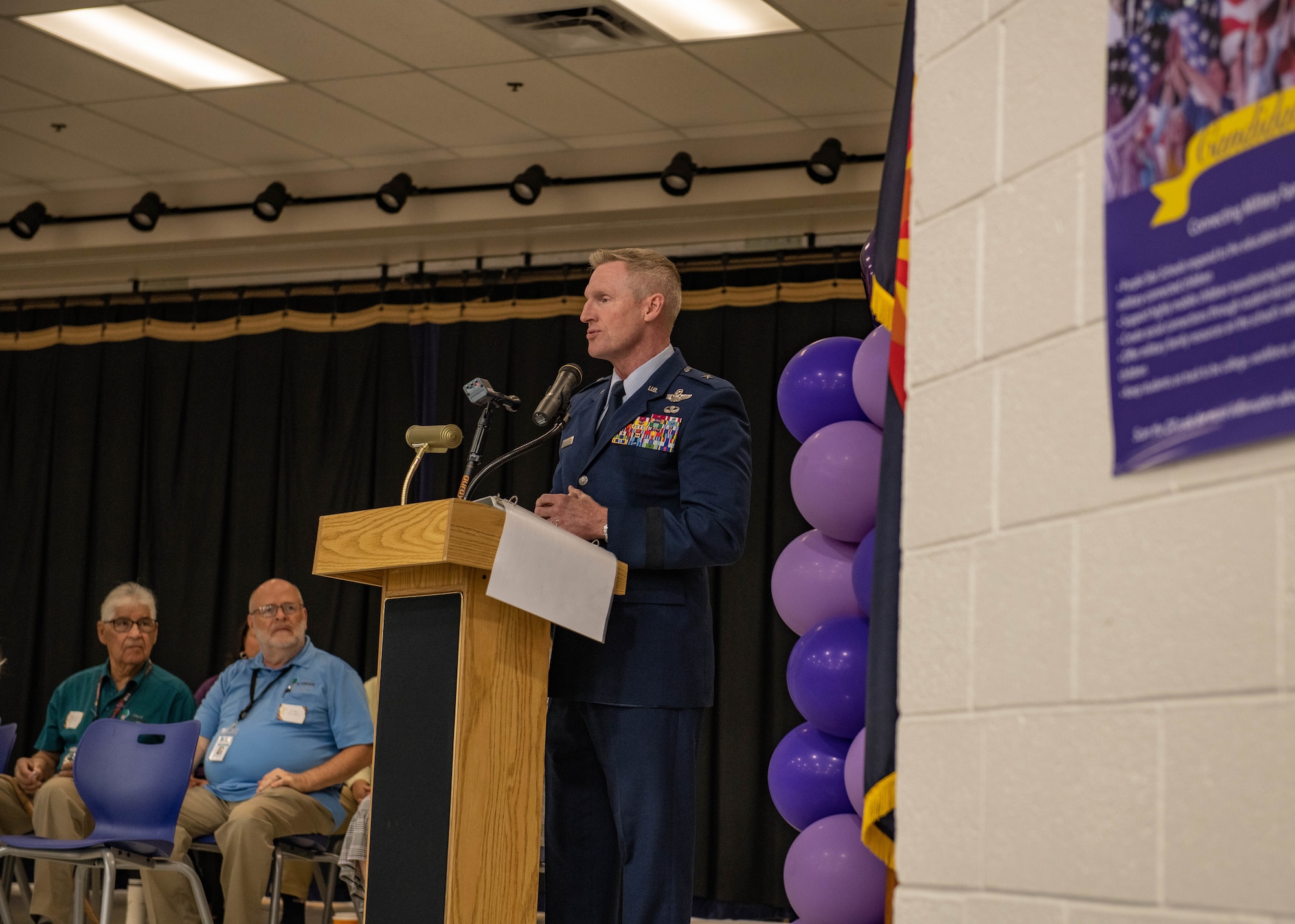 U.S. Air Force Brig. Gen. Jason Rueschhoff, 56th Fighter Wing commander, shares remarks during a ceremony honoring Luke Elementary School being named as the first Purple Star School Candidate in the State of Arizona Oct. 6, 2023, in Glendale, Arizona.