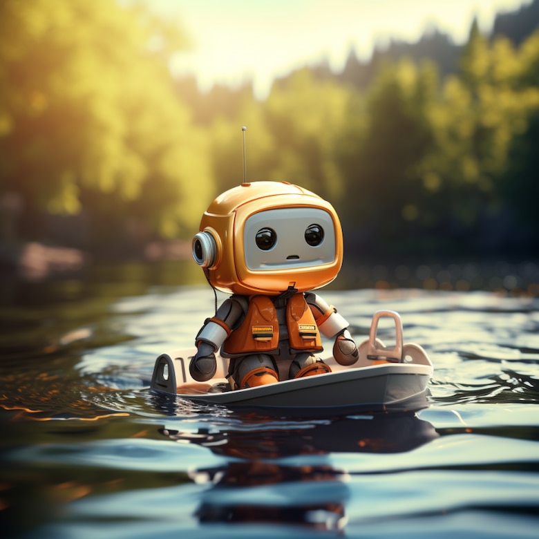 A robot wearing a lifejacket while boating down a river.