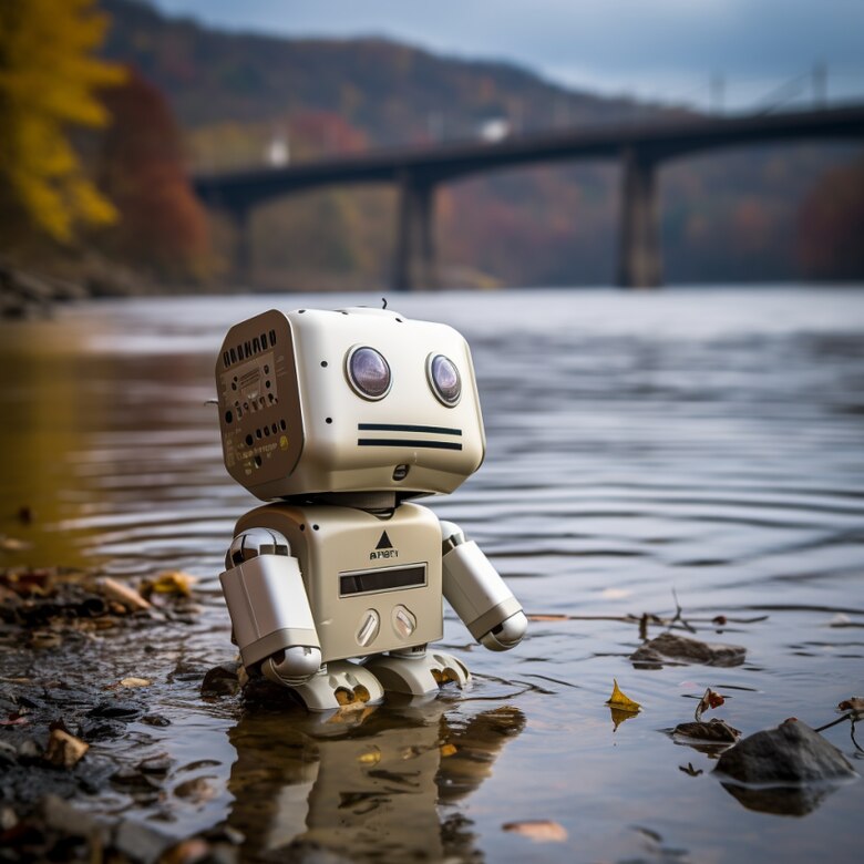Artificially-generated photo of a robot on a river.