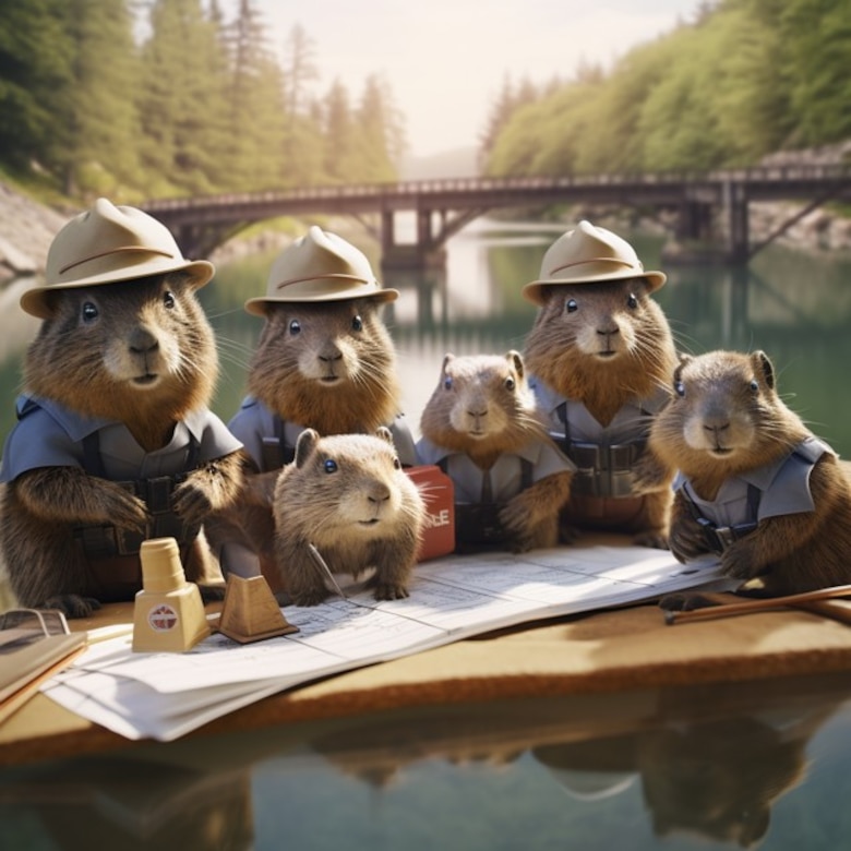 Artificially-generated photo of beavers working on engineering documents.