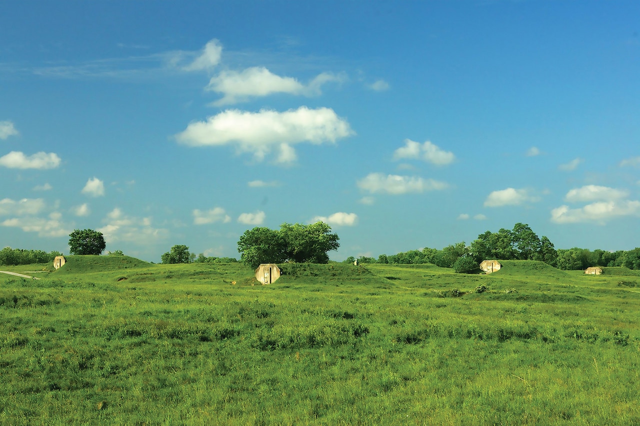 Grass grows over concrete igloos in a field.