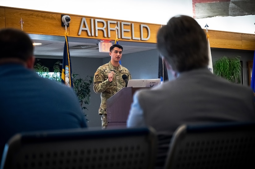 Senior Airman Connor Runkle, 305th Aerial Port Squadron transportation specialist, speaks during the ribbon cutting ceremony for Sean’s Room at Joint Base McGuire-Dix-Lakehurst, N.J. on 10 October, 2023. Modeled after Sean’s House, a program based in Newark, Delaware, Sean’s Room offers a safe peer-to-peer environment for JB MDL personnel to receive mental health support and maintain confidentiality as required by law. Sean’s House was originally founded by Christopher Locke after he tragically lost his son, Sean, to suicide in 2018.