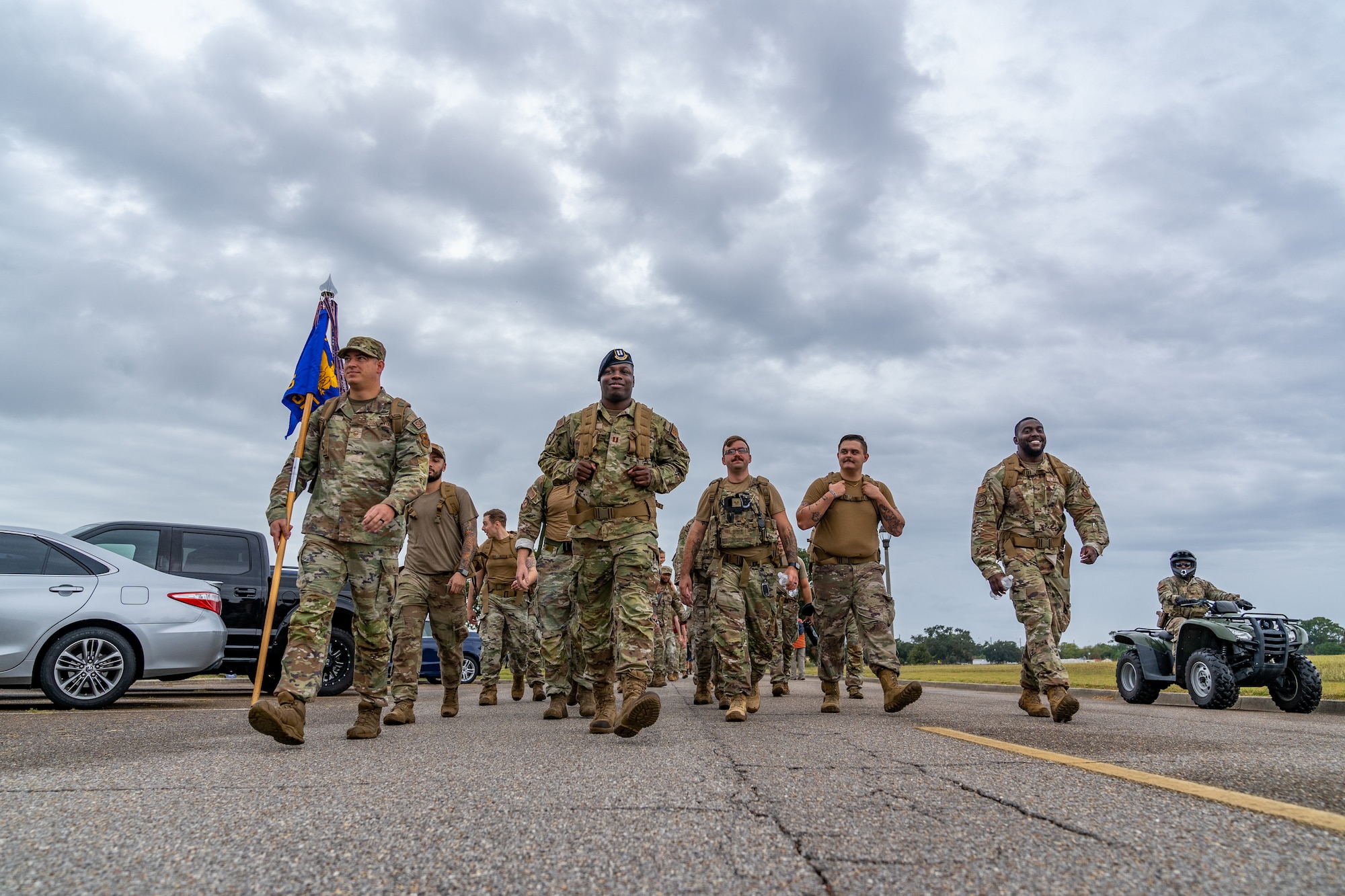 U.S. Air Force Airmen from the 81st Security Forces Squadron participate in the 2023 Fallen Defender Ruck at Keesler Air Force Base, Mississippi, Oct. 6, 2023.