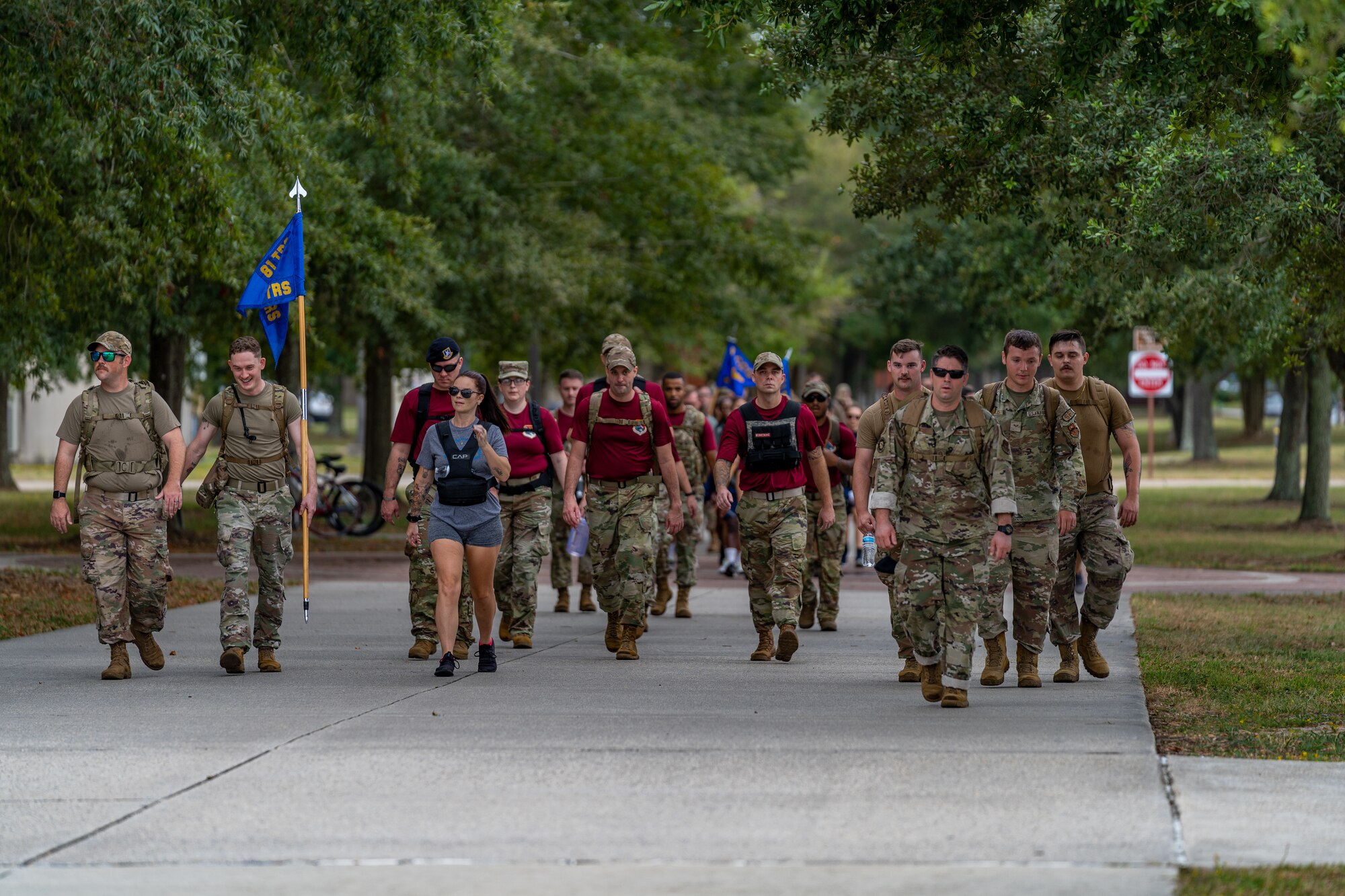 U.S. Air Force Airmen from the 336th Training Squadron participate in the 2023 Fallen Defender Ruck at Keesler Air Force Base, Mississippi, Oct. 6, 2023.