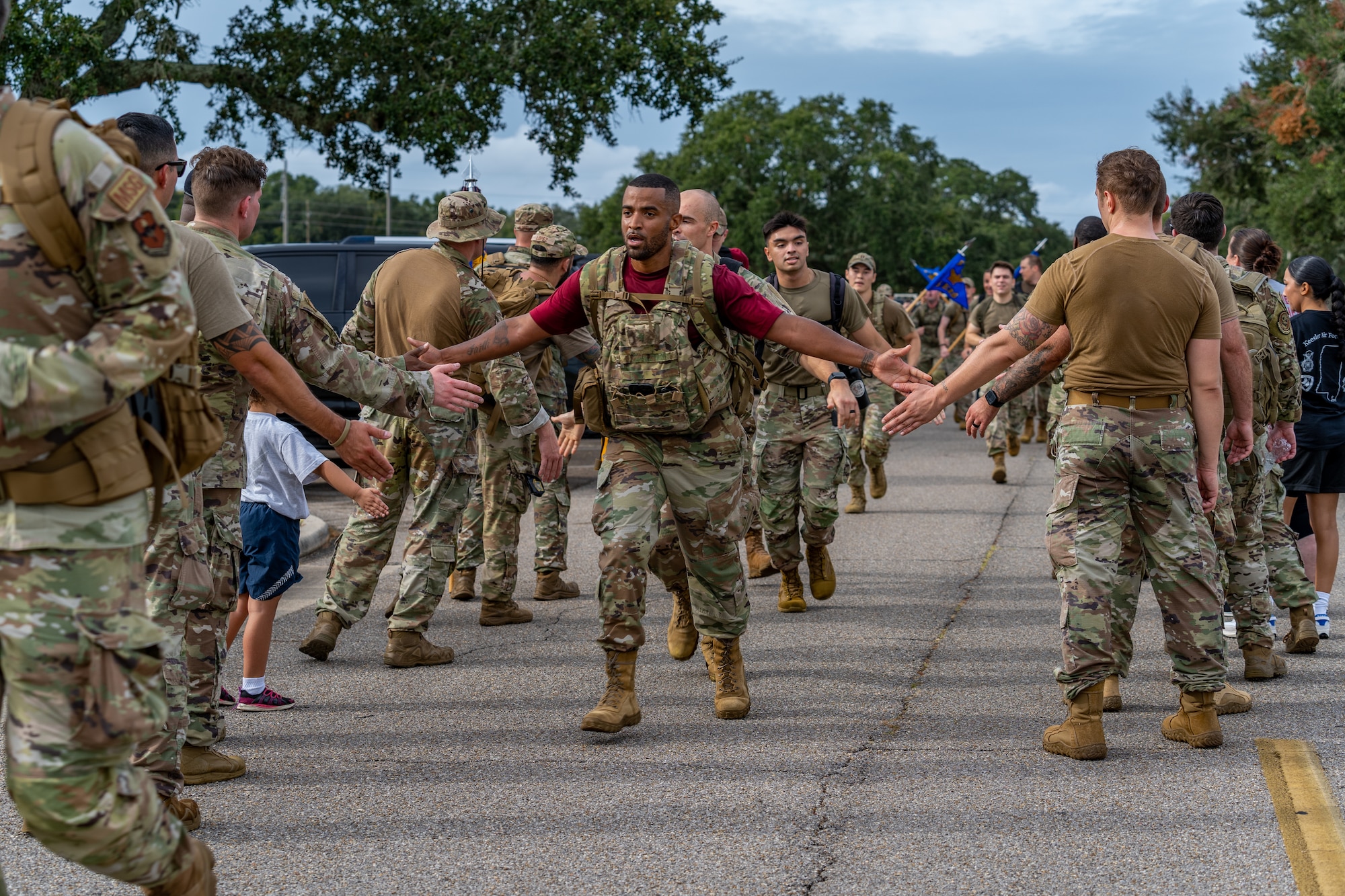 U.S. Air Force Airmen from the 81st Security Forces Squadron, 336th Training Squadron, 85th Engineering Installation Squadron and the Airmen Leadership School participate in the 2023 Fallen Defender Ruck at Keesler Air Force Base, Mississippi, Oct. 6, 2023.