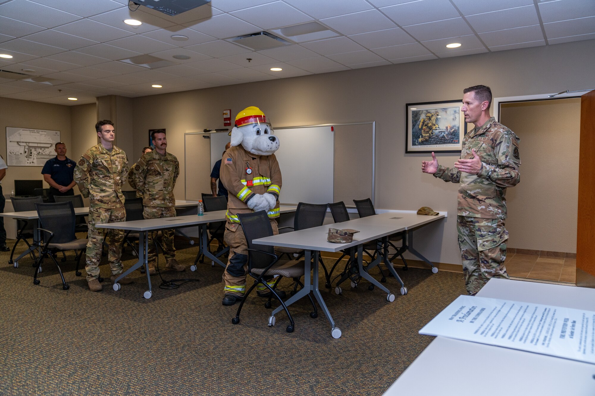 U.S. Air Force Col. Billy Pope Jr., 81st Training Wing commander, gives his opening remarks before signing the proclamation for the 2023 Fire Prevention Week at Keesler Air Force Base, Mississippi, Oct. 6, 2023.