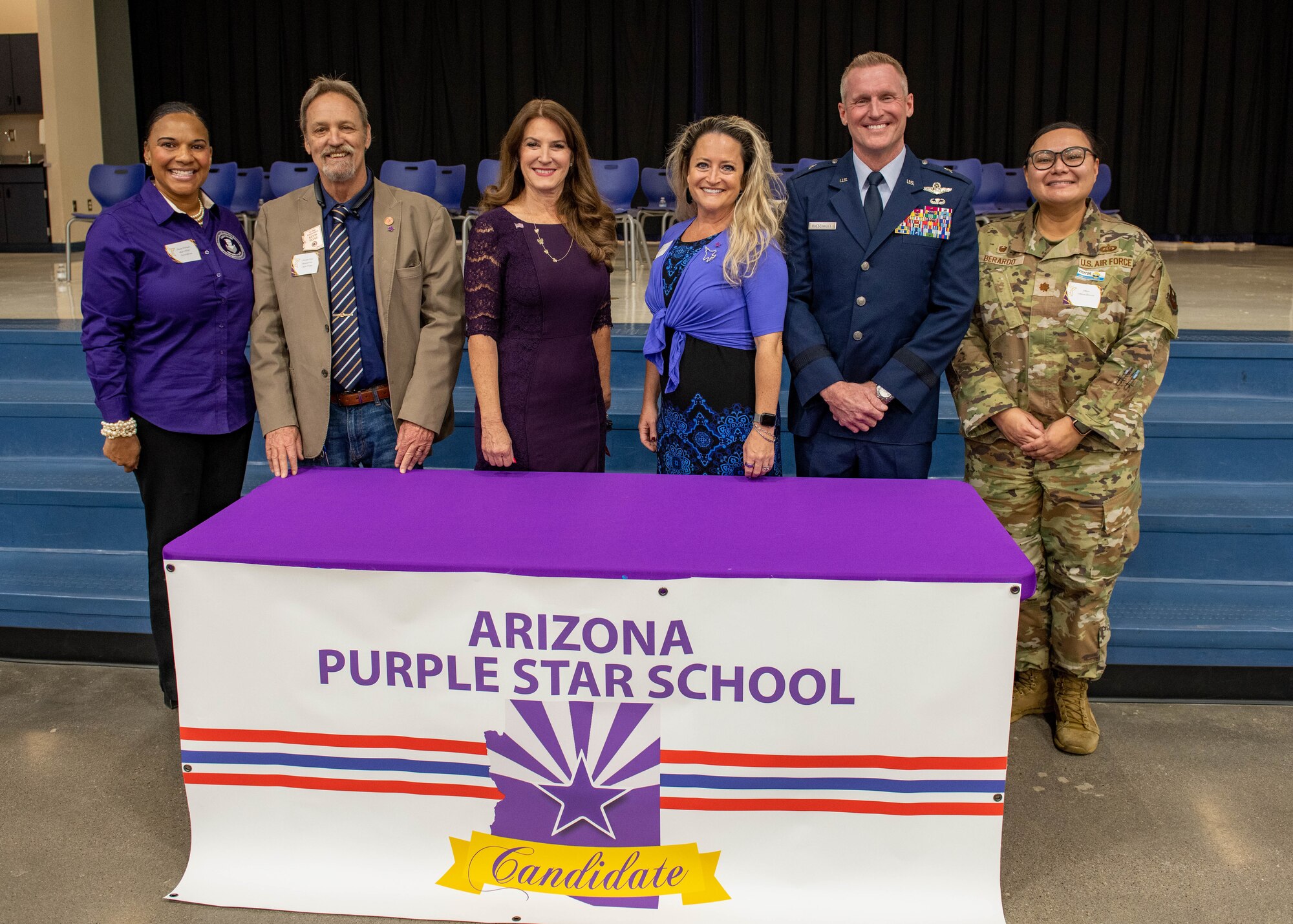 Members of the Dysart Unified School District along with local community partners and leadership from the 56th Fighter Wing, pose for a photo Oct. 6, 2023, in Glendale, Arizona.