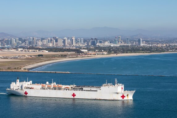 The hospital ship USNS Mercy (T-AH 19) gets underway in support of Pacific Partnership 2024-1 from Naval Base San Diego, Oct. 10, 2023. Pacific Partnership, now in its 18th iteration, is the largest multinational humanitarian assistance and disaster relief preparedness mission conducted in the Indo-Pacific and works to enhance regional interoperability and disaster response capabilities, increase security stability in the region, and foster new and enduring friendships. (U.S. Navy photo by Mass Communication Specialist 2nd Class David Negron)