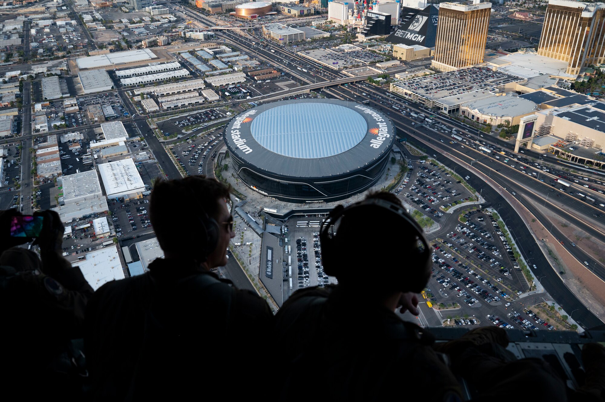 U.S. Air Force Airmen from the 34th Weapons Squadron (WPS) fly over Allegiant Stadium, Las Vegas, Nevada, Oct. 9, 2023.