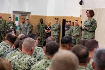 MAYPORT, Fla. (Oct. 11, 2023) – Vice Chief of Naval Operations Adm. Lisa Franchetti and Master Chief Petty Officer of the Navy James Honea hold an all-hands call with Sailors while visiting Naval Station Mayport, Oct. 11. Franchetti and Honea visited Naval Station Mayport, Naval Air Station Jacksonville, and Naval Air Station Key West to engage with Sailors and to observe the U.S. Navy’s Hybrid Fleet event. (U.S. Navy photo by Chief Mass Communication Specialist Amanda R. Gray)