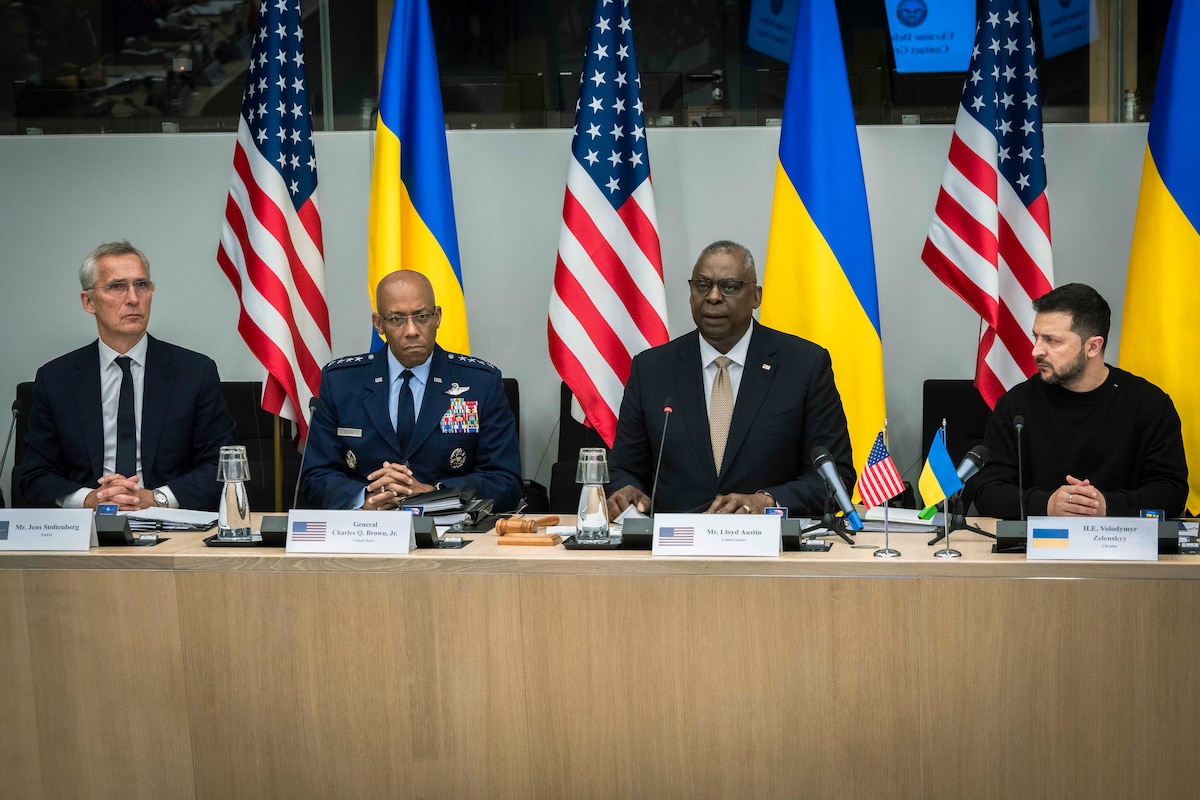 NATO Secretary General Jens Stoltenberg, Chairman of Joint Chiefs of Staff Air Force Gen. CQ Brown, Jr., Secretary of Defense Lloyd J. Austin III and Ukrainian President Volodymyr Zelenskyy