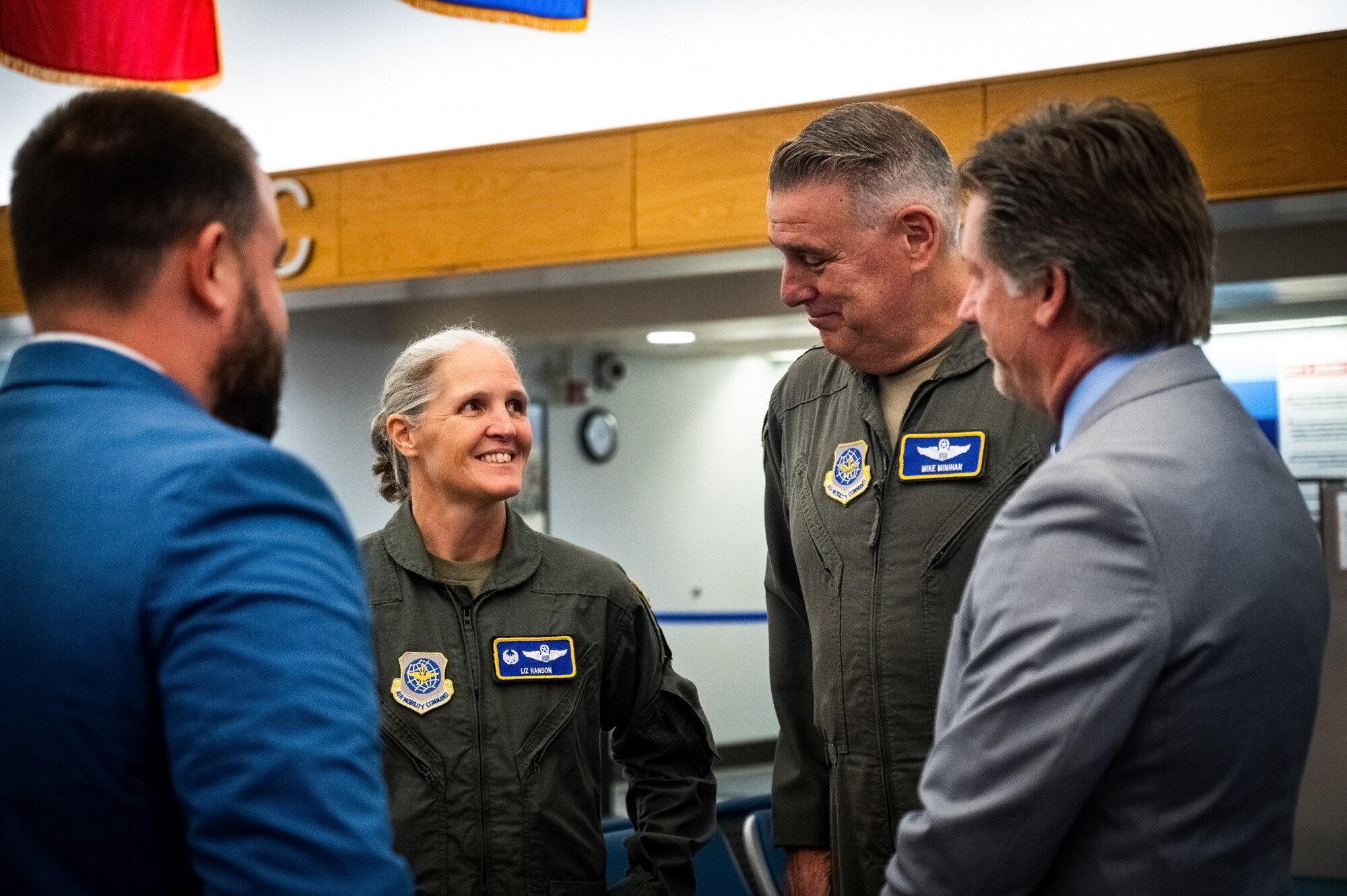 U.S. Air Force Gen. Mike Minihan, Air Mobility Command commander, greets 305th Air Mobility Command air transportation specialist, the ribbon cutting ceremony for Sean’s Room at Joint Base McGuire-Dix-Lakehurst, N.J. on 10 October, 2023. Modeled after Sean’s House, a program based in Newark, Delaware, Sean’s Room offers a safe peer-to-peer environment for JB MDL personnel to receive mental health support and maintain confidentiality as required by law. Sean’s House was originally founded by Christopher Locke after he tragically lost his son, Sean, to suicide in 2018.