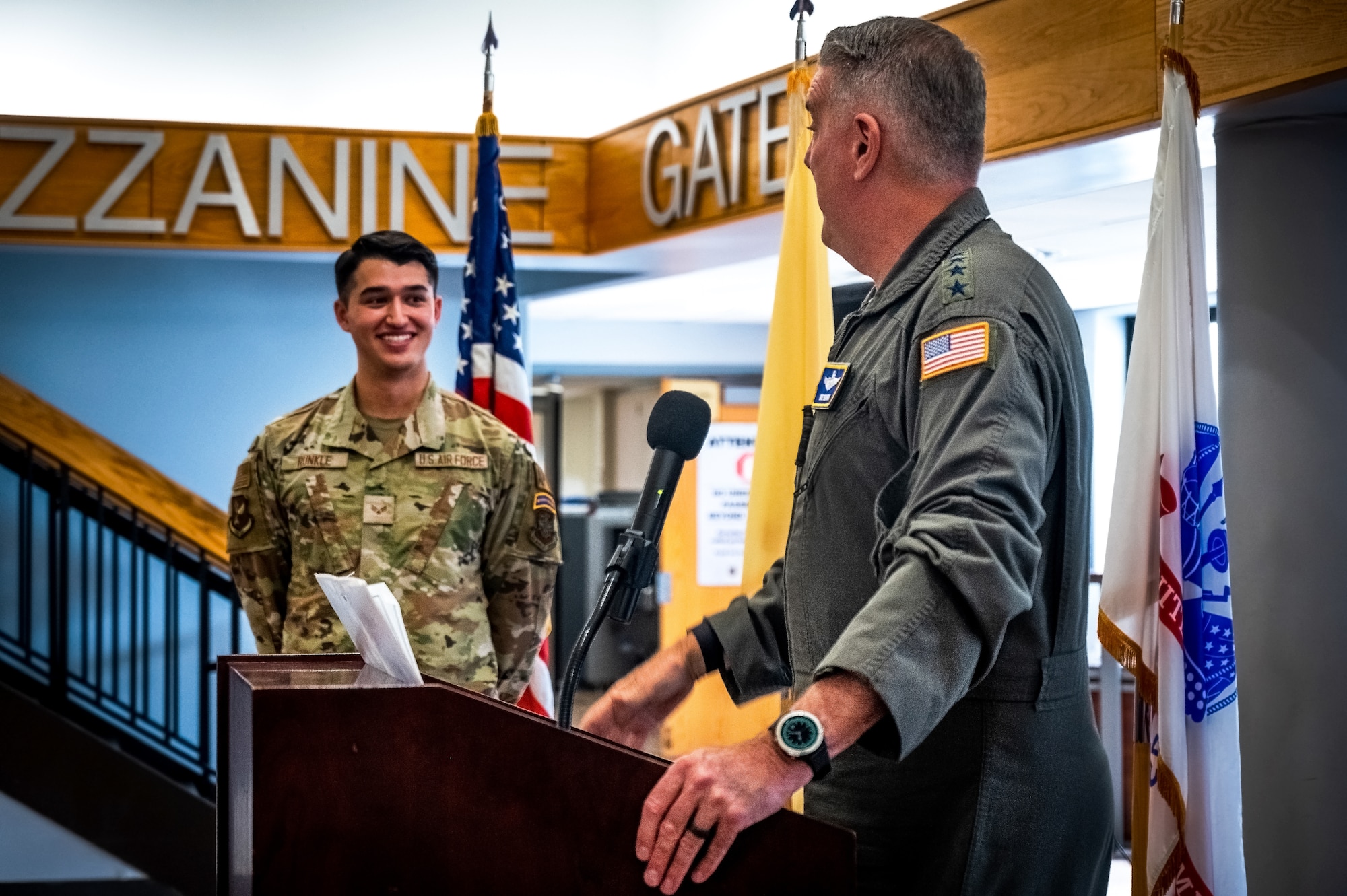 U.S. Air Force Gen. Mike Minihan, Air Mobility Command commander, thanks Senior Airman Connor Runkle, 305th Aerial Port Squadron air transportation specialist, during the ribbon cutting ceremony for Sean’s Room at Joint Base McGuire-Dix-Lakehurst, N.J. on 10 October, 2023. Modeled after Sean’s House, a program based in Newark, Delaware, Sean’s Room offers a safe peer-to-peer environment for JB MDL personnel to receive mental health support and maintain confidentiality as required by law. Sean’s House was originally founded by Christopher Locke after he tragically lost his son, Sean, to suicide in 2018.
