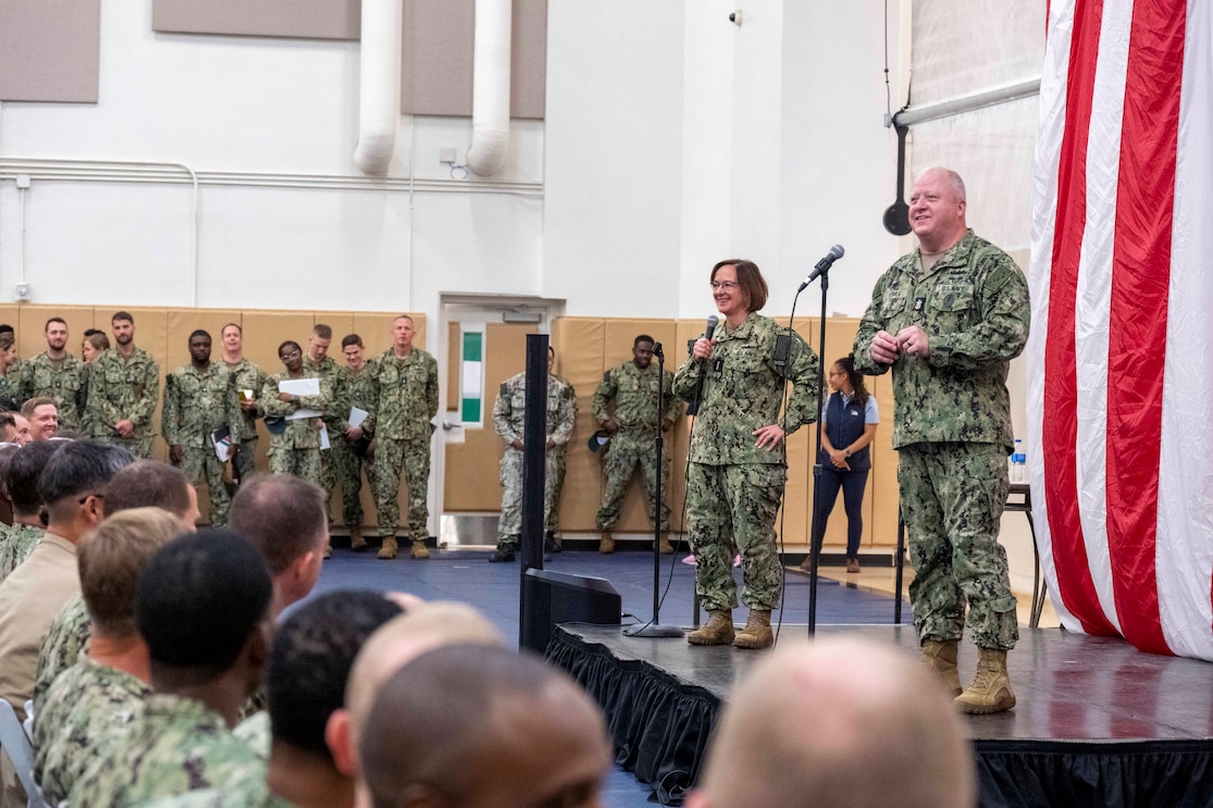 VCNO Adm. Lisa Franchetti and MCPON James Honea hold an all-hands call at Naval Station Mayport.