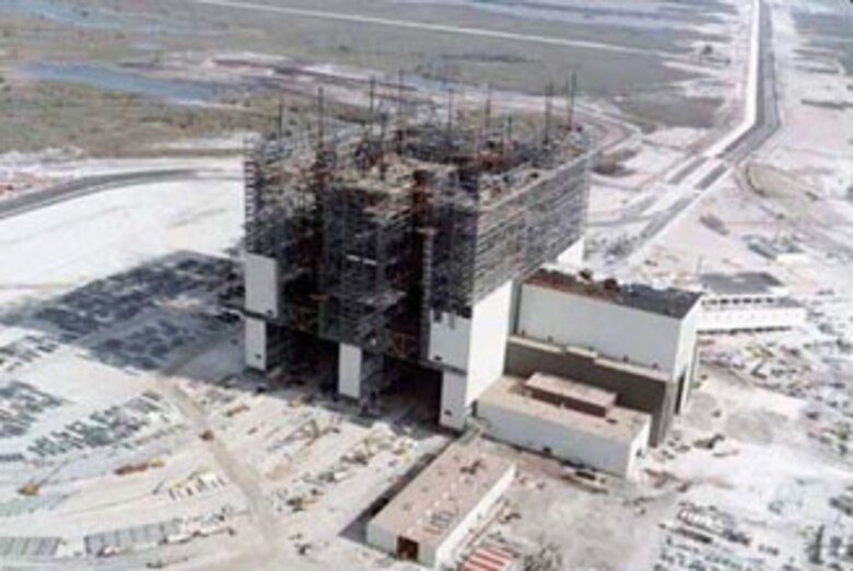 An aerial photo of the vehicle assembly building at Cape Canaveral.