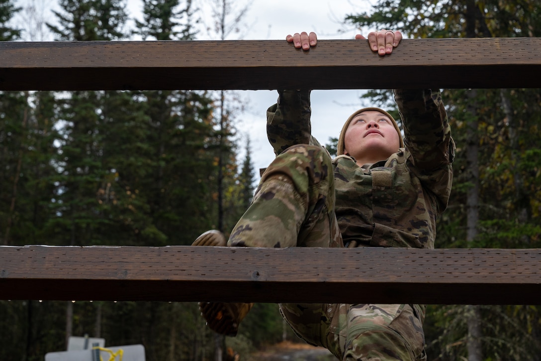 A soldier climbs an obstacle.