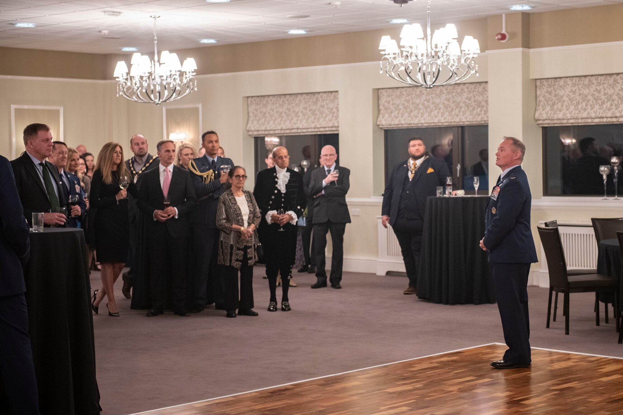 Col. D. Landon Phillips, 501st Combat Support Wing commander, provides remarks during a local civic leader reception at RAF Alconbury