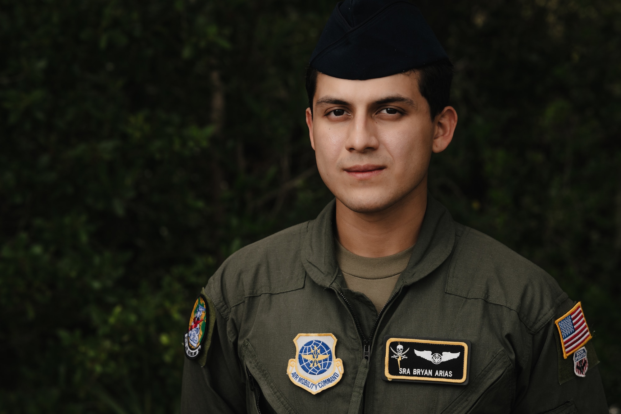 U.S. Air Force Senior Airman Bryan Arias-Mejia, 91st Air Refueling Squadron boom operator, stands for a photo at MacDill Air Force Base, Florida, Oct. 11, 2023.