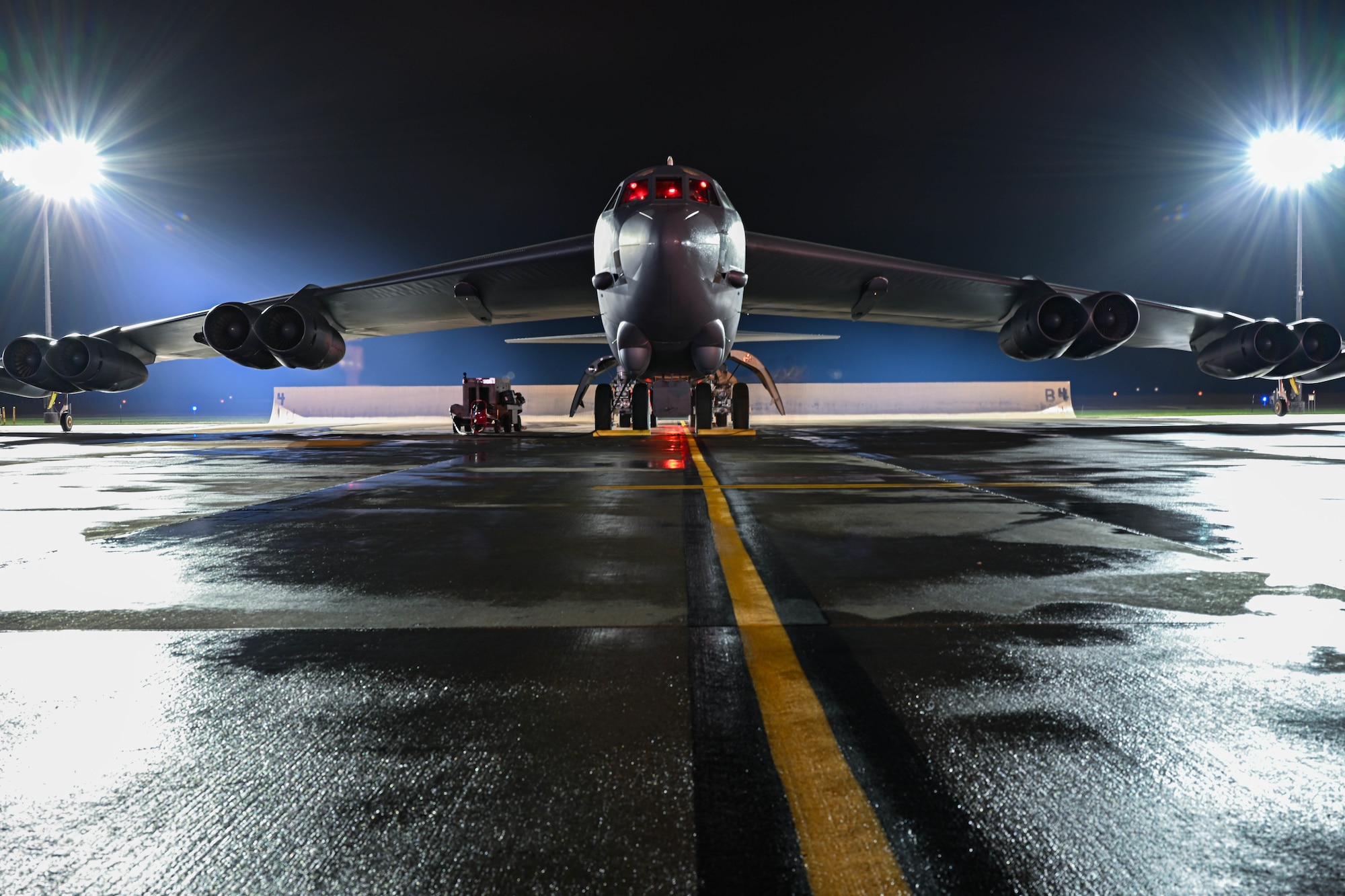 A B-52H Stratofortress assigned to the 23rd Bomb Squadron idles on the flight line at Minot Air Force Base, North Dakota, Oct. 3, 2023. The B-52 has been the backbone of America’s strategic bomber force for over 60 years. (U.S. Air Force photo by Airman 1st Class Kyle Wilson)